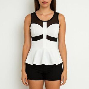 Soft White Peplum Black Mesh  Sleeveless Top b17